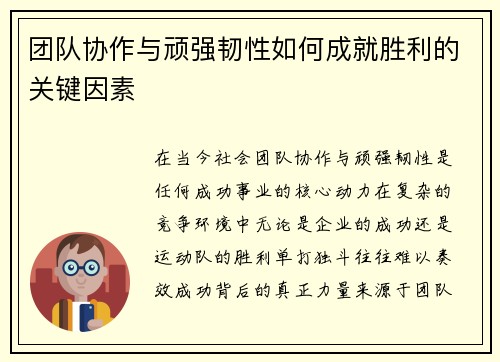 团队协作与顽强韧性如何成就胜利的关键因素