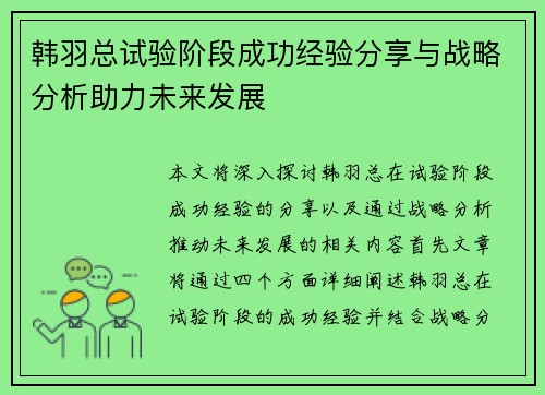 韩羽总试验阶段成功经验分享与战略分析助力未来发展 韩羽总试验阶段成功经验分享与战略分析助力未来发展
